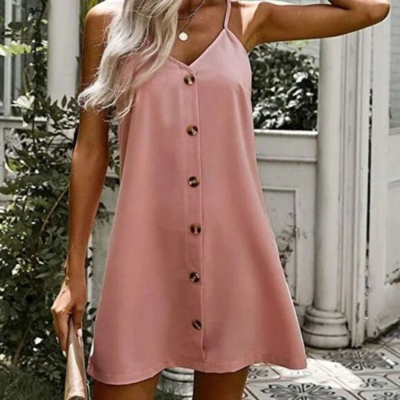 Summer Spaghetti Strap Button Down V Neck Sleeveless Casual Mini Dress - Picture 1 of 5
